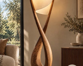 Sculptural Wooden Floor Lamp, Modern Walnut Standing Light, Linen Shade