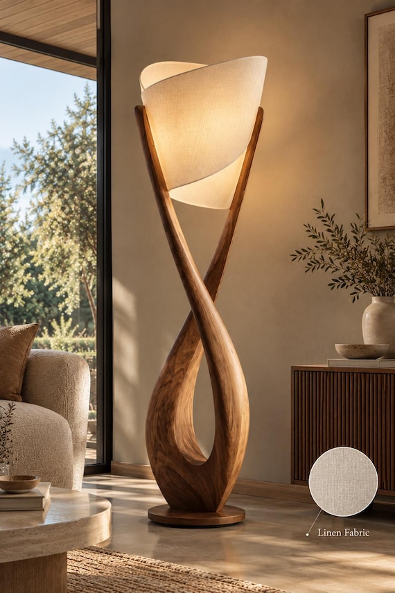 Sculptural Wooden Floor Lamp, Modern Walnut Standing Light, Linen Shade