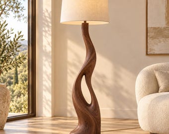 Sculptural Wood Floor Lamp, Walnut Finish, Ivory Linen Shade