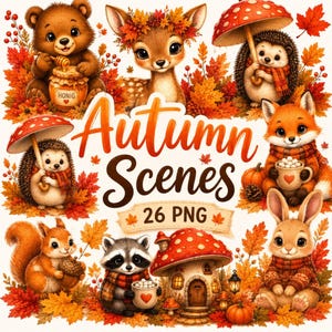 Könnte beinhalten: Eine digitale Sammlung von 26 PNG-Bildern mit niedlichen Waldtieren, darunter ein Bär mit Honig, ein Reh mit Herbstblättern, Igel mit Pilzen, ein Fuchs, ein Eichhörnchen und ein Waschbär, umgeben von orangefarbenem und rotem Herbstlaub.