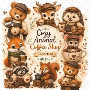 Könnte beinhalten: Eine digitale Illustrationssammlung mit dem Titel Cozy Animal Coffee Shop, die verschiedene Waldtiere wie Bären, ein Reh, einen Igel, einen Fuchs, eine Maus, einen Waschbären und ein Eichhörnchen mit Mützen und Schals zeigt, die Kaffeetassen halten.