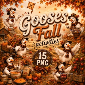 Könnte beinhalten: Eine digitale Grafik mit sechs weißen Gänsen, die braune Hüte und karierte Schals in einer herbstlichen Umgebung tragen. Der Text lautet Gooses Fall activities 15 PNG. Die Szene enthält Kürbisse, einen Holzwagen, einen Drachen und Apfelkörbe.
