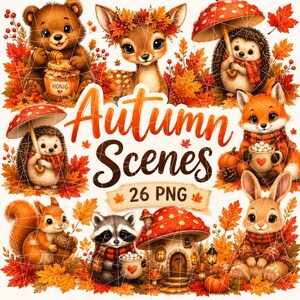 Könnte beinhalten: Eine Sammlung herbstlicher Illustrationen mit einem Bären mit Honig, einem Reh mit Blattkrone, Igeln, einem Fuchs, einem Eichhörnchen, einem Waschbären, einem Hasen und einem Pilzhaus, mit dem Text Autumn Scenes 26 PNG.