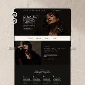 May include: A laptop screen displaying a dark-themed website for Velvet Noir Creative. The homepage features the text STRATEGY. DESIGN. IMPACT., imagery of a person, and sections for brand strategy, web design, visual identity, and digital marketing.