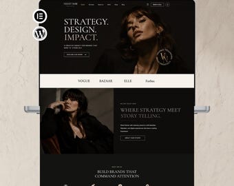 May include: A laptop screen displaying a dark-themed website for Velvet Noir Creative. The homepage features the text STRATEGY. DESIGN. IMPACT., imagery of a person, and sections for brand strategy, web design, visual identity, and digital marketing.