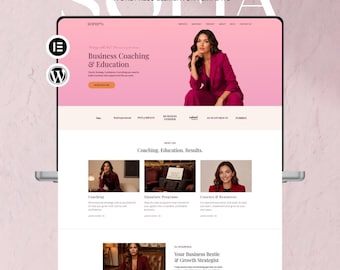 May include: A digital display of a WordPress Elementor website template titled Sophia, featuring a pink and white color scheme. The layout includes sections for business coaching, education, signature programs, and a growth strategist profile.