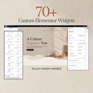 May include: A digital interface display showing 70+ Custom Elementor Widgets with a sidebar menu of icons, a central website preview featuring a yoga theme, and a typography settings panel on the right side. The text reads No pro version needed.
