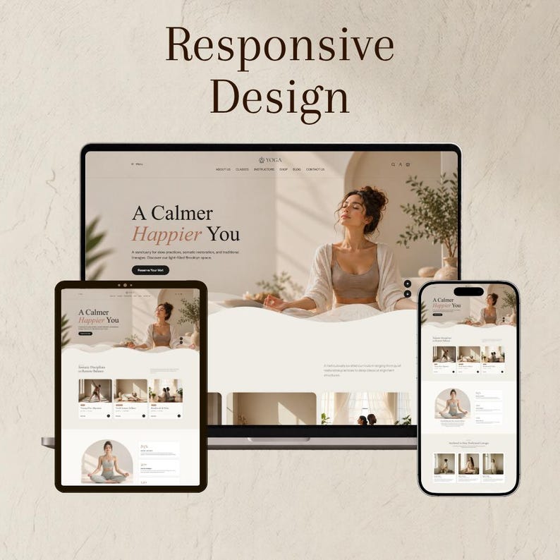 May include: A laptop, tablet, and smartphone displaying a responsive website design for a yoga studio. The screens feature the text A Calmer Happier You, navigation menus, and images of a person practicing yoga in a neutral-toned space.