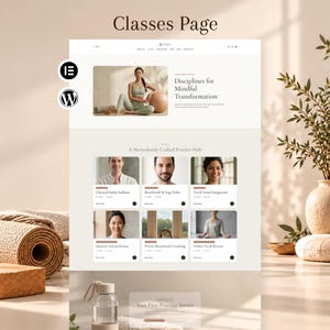 May include: A website layout titled Classes Page featuring a hero section with a person in a yoga pose, followed by a grid of six class cards labeled Classical Hatha Sadhana, Breathwork & Yoga Nidra, Yin & Sound Integration, Somatic Vinyasa Krama, Private Breathwork Coaching, and Online Yin & Restorative.