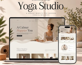 May include: A WordPress theme display for a Yoga Studio website featuring a laptop and smartphone showing a landing page with the text A Calmer Happier You, Somatic Disciplines to Restore Balance, and five icons for theme features.