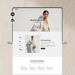Puede incluir: Una pantalla digital de un sitio web titulado PIXO que presenta una sección principal con una persona en un blazer beige, seguida de secciones para PIXO Marketing, servicios y experiencia. El diseño incluye texto, iconos y una barra de navegación.