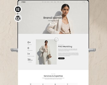 May include: A digital display of a website titled PIXO featuring a hero section with a person in a beige blazer, followed by sections for PIXO Marketing, services, and expertise. The layout includes text, icons, and a navigation bar at the top.