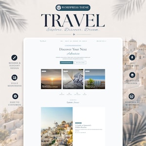 May include: A WordPress theme layout titled TRAVEL Explore. Discover. Dream. featuring a website interface with a hero section, navigation menu, blog post thumbnails, and text sections. Icons highlight features like responsive design and SEO optimization.