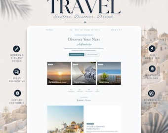 May include: A WordPress theme layout titled TRAVEL Explore. Discover. Dream. featuring a website interface with a hero section, navigation menu, blog post thumbnails, and text sections. Icons highlight features like responsive design and SEO optimization.