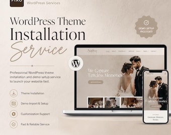 May include: A digital advertisement for PixoWebStudio WordPress Services featuring a laptop and smartphone displaying a website with a wedding photography theme. The text includes WordPress Theme Installation Service, Demo Setup Included, and service features.