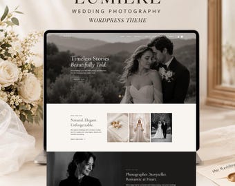 May include: A digital display of the Lumière Wedding Photography WordPress theme website. The screen shows a landing page with black and white wedding imagery, text headers including Timeless Stories Beautifully Told, and a layout for a portfolio.
