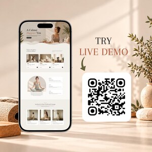 May include: A smartphone displaying a website with the text A Calmer Happier You, featuring yoga imagery and a QR code next to the text TRY LIVE DEMO with a downward arrow pointing toward the code, set against a neutral background.