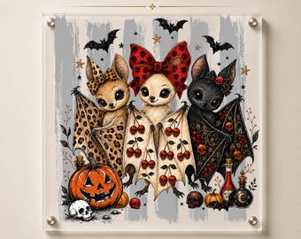 May include: A Premium DTF Transfer sheet from Lunova Studio featuring three cartoon bats. The left bat has leopard print wings, the center bat wears a red skull-patterned bow, and the right bat has black wings with red skulls. Includes a pumpkin, skull, and potion bottles.