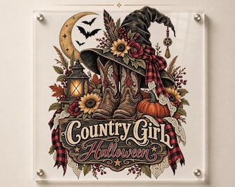 May include: A premium DTF transfer design featuring a pair of brown cowboy boots, a black witch hat with a red plaid ribbon, a pumpkin, sunflowers, a lantern, and a crescent moon with bats. The text reads Country Girl Halloween and Lunova Studio.
