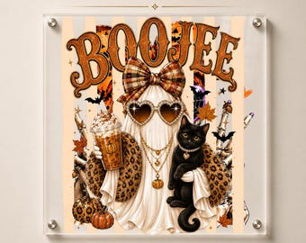 May include: A premium DTF transfer design featuring a ghost wearing heart-shaped sunglasses, a plaid bow, and a leopard print shawl, holding an iced coffee. A black cat sits beside the ghost, with pumpkins, bats, and the text BOOJEE.