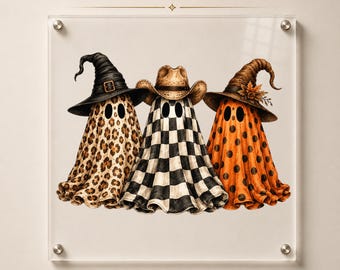 May include: A Premium DTF Transfer from Lunova Studio featuring three ghosts. The left ghost wears a black witch hat and leopard print sheet. The center ghost wears a cowboy hat and checkered sheet. The right ghost wears a brown witch hat and orange polka dot sheet.