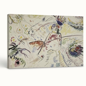 May include: A rectangular canvas print featuring an abstract painting with a cream-colored background. The artwork displays various thin, black ink-like lines, scattered colorful shapes in yellow, red, blue, and green, and fluid, gestural markings.