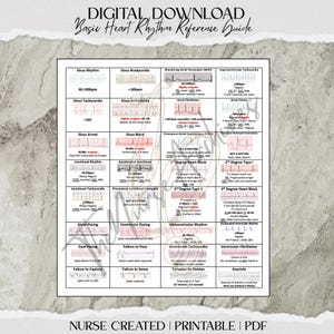 May include: A digital download reference guide titled Basic Heart Rhythm Reference Guide. The chart features a grid of various cardiac rhythms, including Sinus Rhythm, Atrial Fibrillation, and Asystole, with corresponding ECG tracings and clinical notes.
