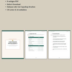 Peut inclure: Un planificateur de tâches ménagères numérique intitulé FAIR TEILEN IM HAUSHALT, comprenant une mise en page PDF de neuf pages avec des sections pour les aperçus des tâches et des sujets de discussion sur le nettoyage et la cuisine.