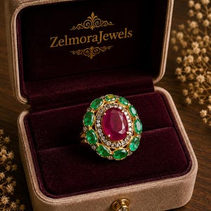 Puede incluir: Un anillo de oro con una piedra central de rubí de corte ovalado, rodeado por un halo de pequeños diamantes blancos y un borde exterior de esmeraldas verdes de corte ovalado, presentado en una caja de terciopelo beige con el texto ZelmoraJewels.