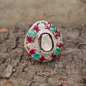 Natural Ruby Emerald Diamond Statement Ring, 925 Sterling Silver Handmade Jewelry