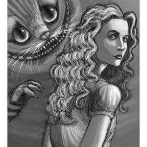 May include: A black and white digital illustration featuring a person with long, wavy hair looking over their shoulder. Behind them, a large, grinning cat with wide eyes and sharp teeth emerges from the shadows, reaching out with a clawed hand.