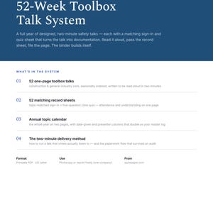 以下が含まれることがあります： Quire Paperによる「52-Week Toolbox Talk System」と題された青と白の情報ドキュメント。52枚の1ページトーク、対応する記録シート、年間トピックカレンダー、2分間の配信方法を備えた安全プログラムの概要が記載されています。