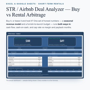 Airbnb取引分析スプレッドシート、購入対賃貸の裁定取引、Excel、Googleスプレッドシート、短期賃貸投資のキャッシュフロー回収計算ツール