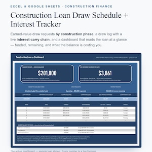 May include: A digital construction loan draw schedule and interest tracker spreadsheet template. The dashboard displays financial data including funded balances, interest accrued, draw requests, and budget availability in a blue and white layout.
