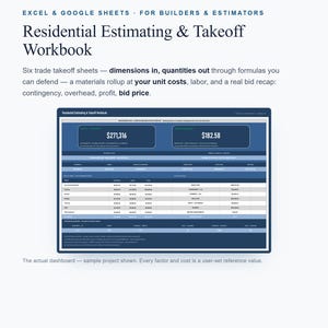 Op de afbeelding: Een digitaal werkboek getiteld Residential Estimating & Takeoff Workbook voor Excel en Google Sheets. De interface toont een dashboard met financiële gegevens, kostentabellen en projectstatistieken voor bouwers en calculators.