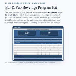 Puede incluir: Un kit digital de programa de bebidas para bares y pubs para Excel y Google Sheets. El documento presenta una interfaz de panel con tablas azules y blancas, que muestra datos financieros, costos de vertido y métricas de inventario.