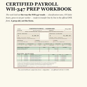 May include: A digital workbook titled Certified Payroll WH-347 Prep Workbook by Quire Paper. The document features a dashboard layout with tables for gross payroll, prep checklists, overtime, and recent project logs for payroll preparation.