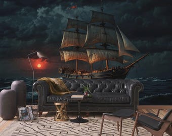 Vintage Sailing Ship at Sunset Wall Mural | Dramatic Ocean Seascape, Pirate Ship Nautical Decor