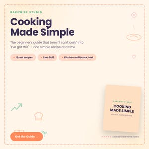 Può includere: Una grafica digitale per una guida di cucina intitolata Cooking Made Simple di Bakewise Studio. Include testo su 12 ricette reali, zero fronzoli e sicurezza in cucina. Una piccola copertina di libro mostra il testo Playful Pastel Edition.