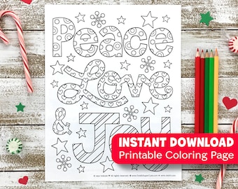 Peace Love Joy COLORING PAGE Merry Christmas Holiday • Adult Coloring Instant Download Printable Page Art Activity PDF • Tweens Kids • Xmas