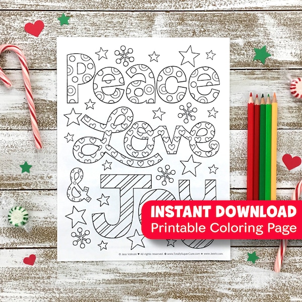 Peace Love Joy COLORING PAGE Merry Christmas Holiday • Adult Coloring Instant Download Printable Page Art Activity PDF • Tweens Kids • Xmas