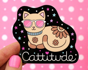 CATTITUDE Cute Cat Punny Vinyl Decal Sticker •  Adorable, Cool, Funny Animal Pun, Car Decal, Gift, Laptop Sticker, Kids, Tween, Kitten, Cats