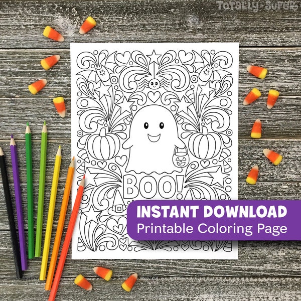 INSTANT DOWNLOAD Adult Coloring Printable Page Boo! Halloween Ghost Art Activity PDF• Notebook Doodles Colorable Holiday Art • Adults & Kids