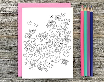 COLORING CARD Smile 5x7 w /Envelope • Notebook Doodles Inspirerende Kleurbare Wenskaart Kunst, Volwassenen Kids Tweens, Gift, Creatief