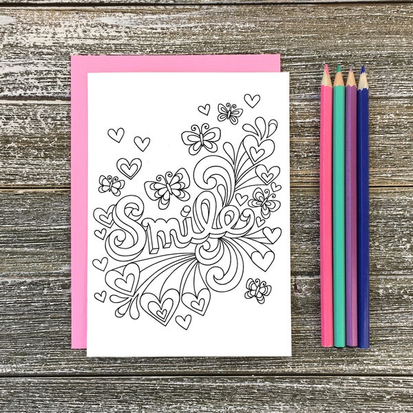 COLORING CARD Smile 5x7 w/Envelope • Notebook Doodles Inspiring Colorable Greeting Card Art, Adults Kids Tweens, Gift, Creative