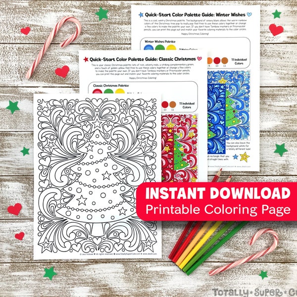 INSTANT DOWNLOAD Christmas Tree Swirls Adult Coloring Printable Page • Holiday Art Activity PDF • Notebook Doodles • Adults & Kids • Xmas