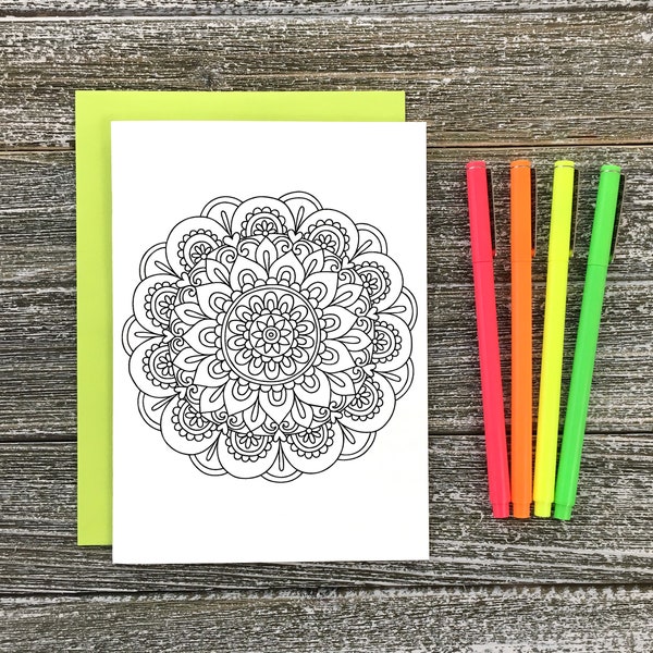 COLORING CARD Mandala Flower 5x7 w/Envelope • Notebook Doodles Inspiring Colorable Greeting Card Art, Adults Kids Tweens, Gift, Creative
