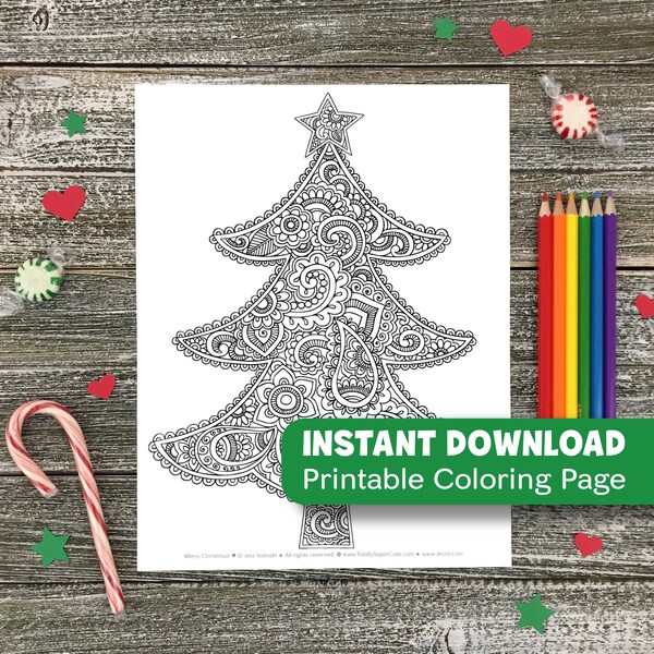 Christmas Tree COLORING PAGE Henna Design • Adult Coloring Instant Download Printable Page • Holiday Art Activity PDF • Adults & Kids • Xmas