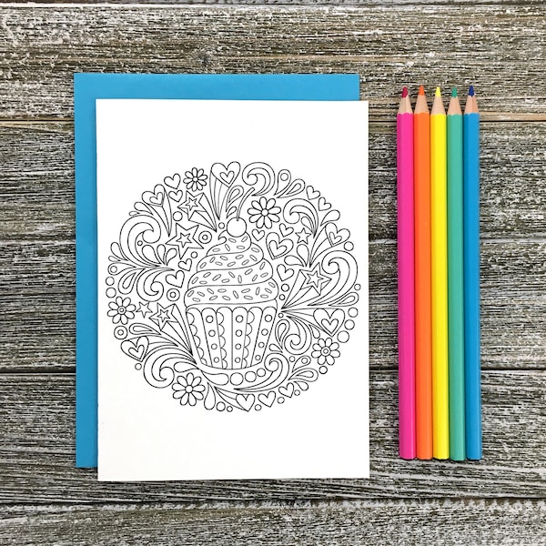 COLORING CARD alles Gute zum Geburtstag Cupcake • 5 x 7 Karte w/Umschlag • Notebook Doodles inspirierende färbbare Grußkarte Kunst, Erwachsene Kinder Tweens Geschenk