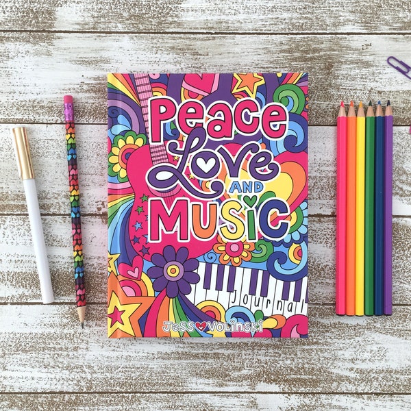 GUIDED WRITING JOURNAL Notebook Doodles Peace Love & Music, Inspiring Writing Prompts + Coloring Pages, Gift 4 Creative Writers, Kids Tweens